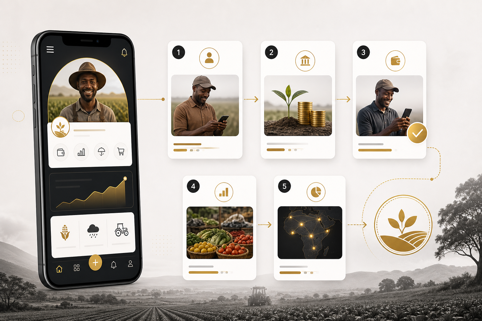 Illustrated flow of a micro-loan fintech app for farmers