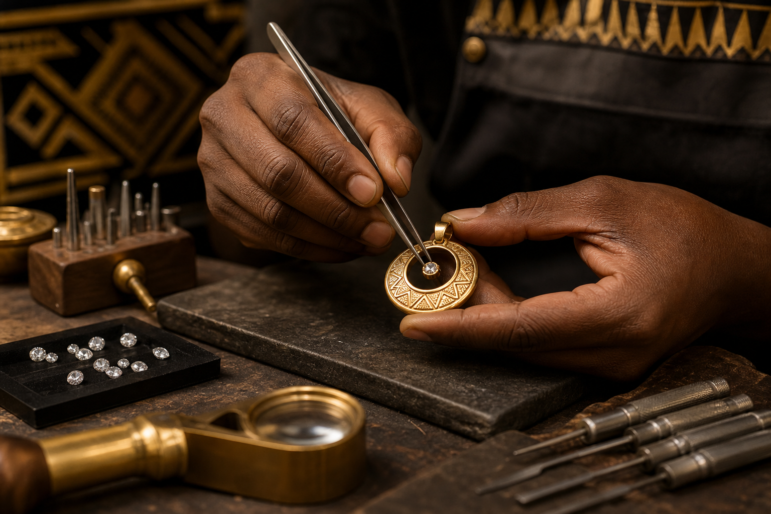 Gaborone jewelry workshop scene with a Botswana artisan setting a diamond into a contemporary pendant, polished stones and tools visible, with subtle Tswana-inspired design cues