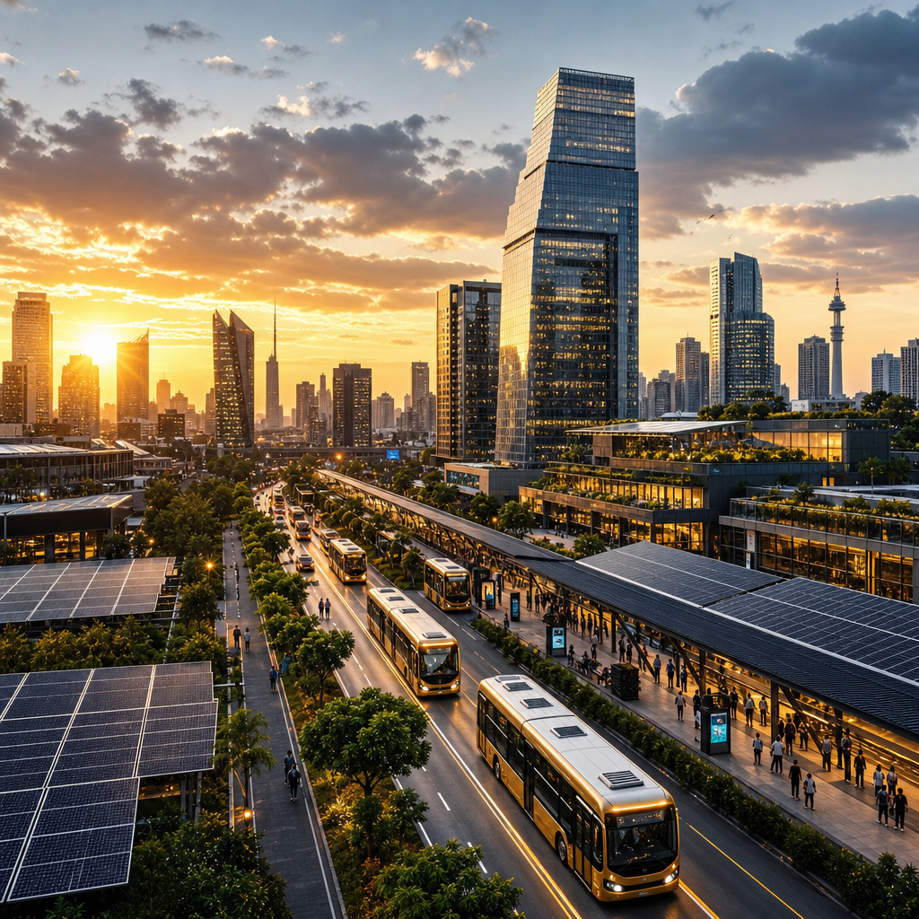 Cinematic aerial view of a modern African city with sustainable green rooftops and transit corridors at sunset
