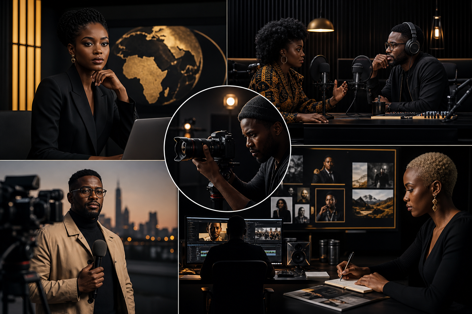 Cinematic editorial collage of African journalists, podcast hosts, and filmmakers in a high-contrast studio environment
