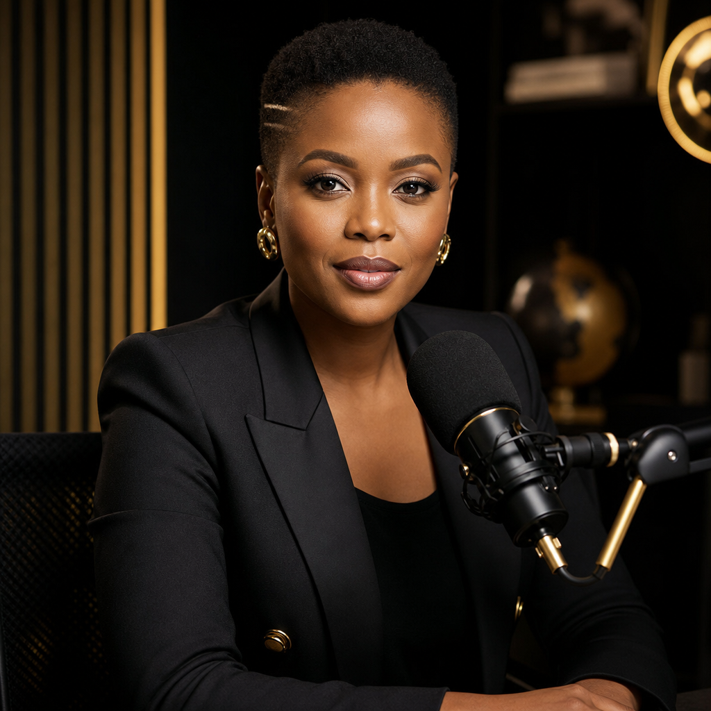 Portrait of a confident South African podcast host in a tailored dark jacket with gold accent lighting