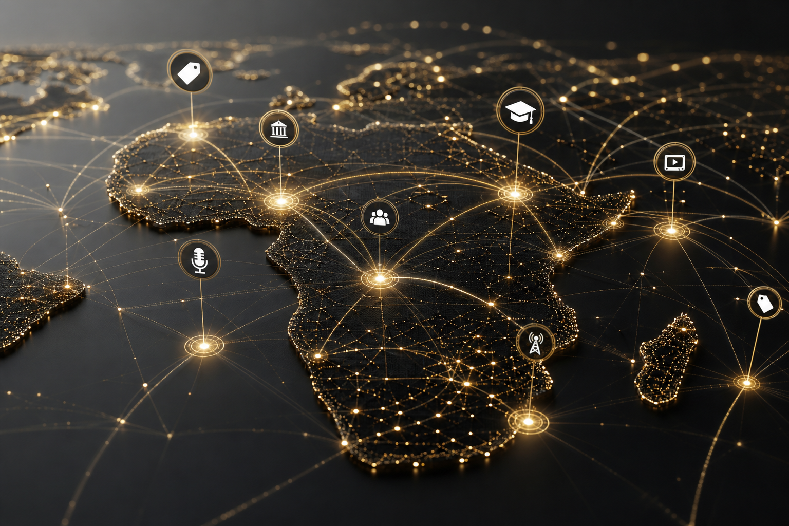 Abstract institutional map with connected nodes representing labels, agencies, schools, and media platforms across African cities