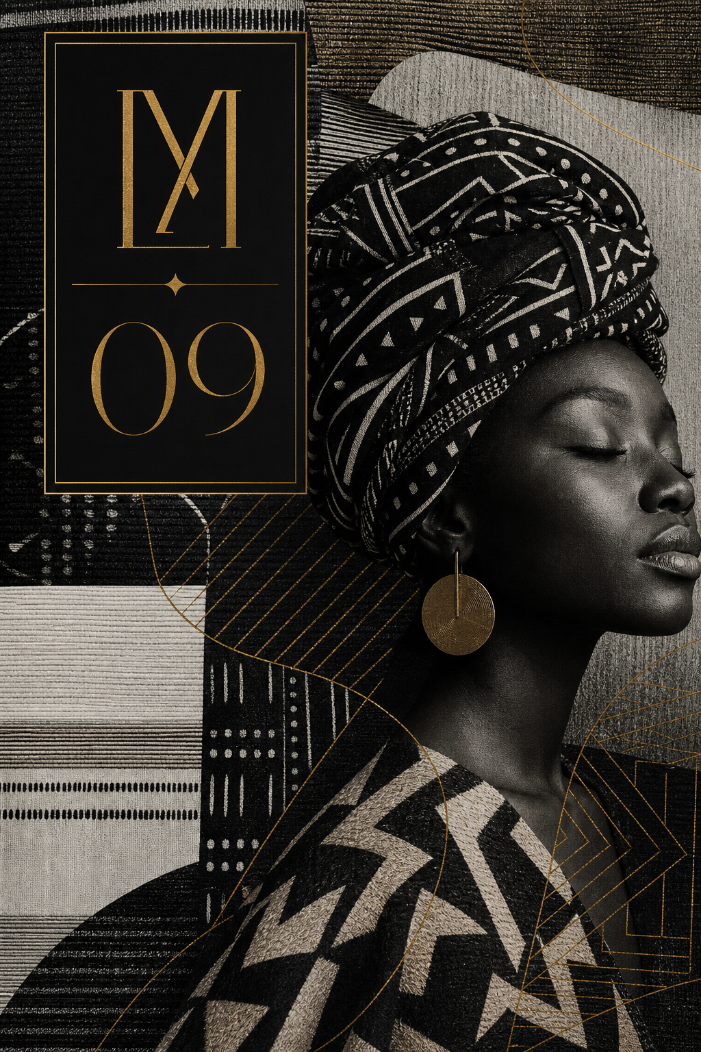 Issue 09 cover featuring a textured collage of African textiles with monochrome tones and gold linework