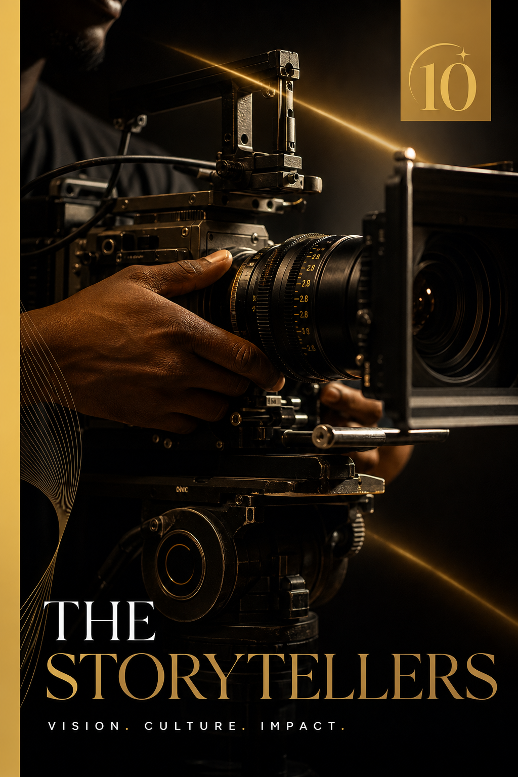 Issue 10 cover with a close-up of a filmmaker’s hands on a camera, lit by warm gold light