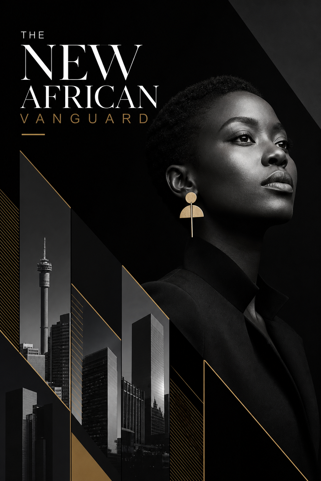 Cover artwork for The New African Vanguard with contemporary city geometry, deep monochrome contrast, and subtle gold editorial accents