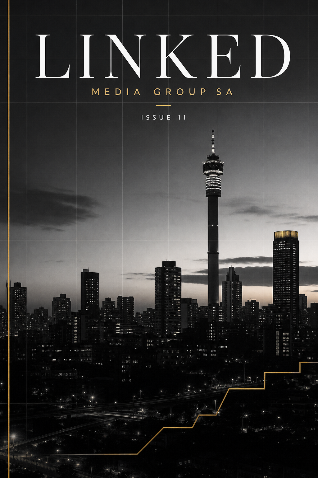 Issue 11 cover showing a minimalist skyline of Johannesburg at dusk with a gold accent grid
