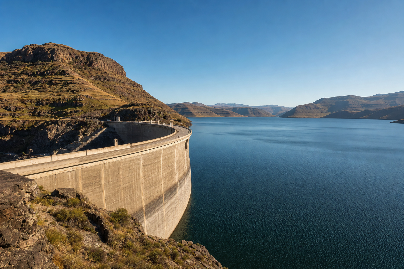 Highland reservoir with the Katse Dam wall and calm blue water