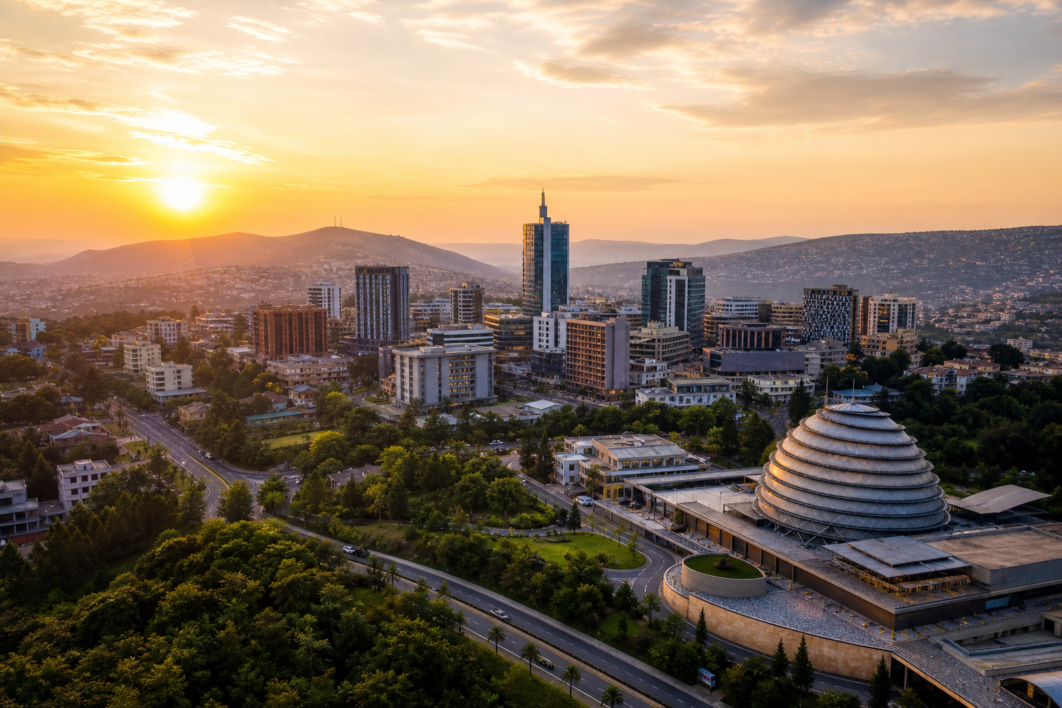 Cinematic aerial view of Kigali with green corridors, modern skyline, and rolling hills at golden hour