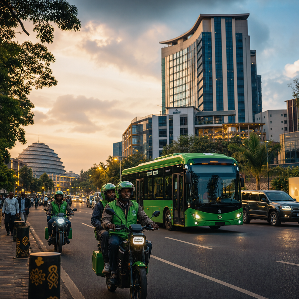 Evening street scene in Kigali with electric motorbike taxis and soft city lights, showcasing clean urban mobility