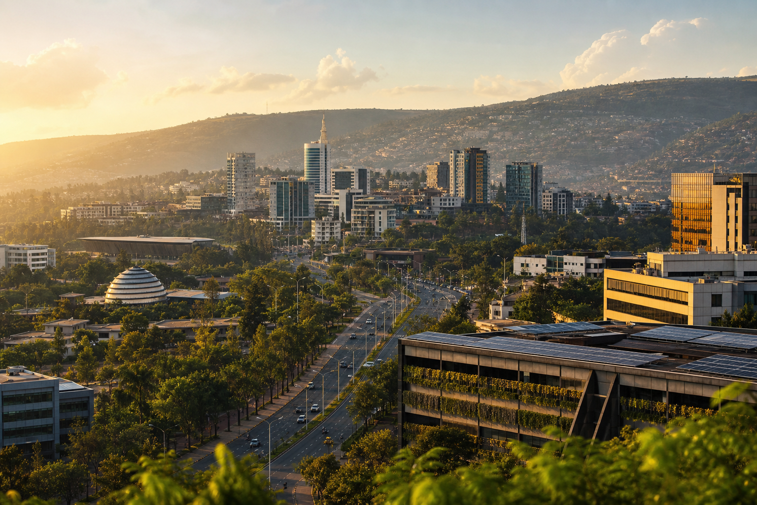 Elevated view of Kigali’s rolling green hills and modern skyline with tree-lined boulevards and sustainable urban infrastructure.