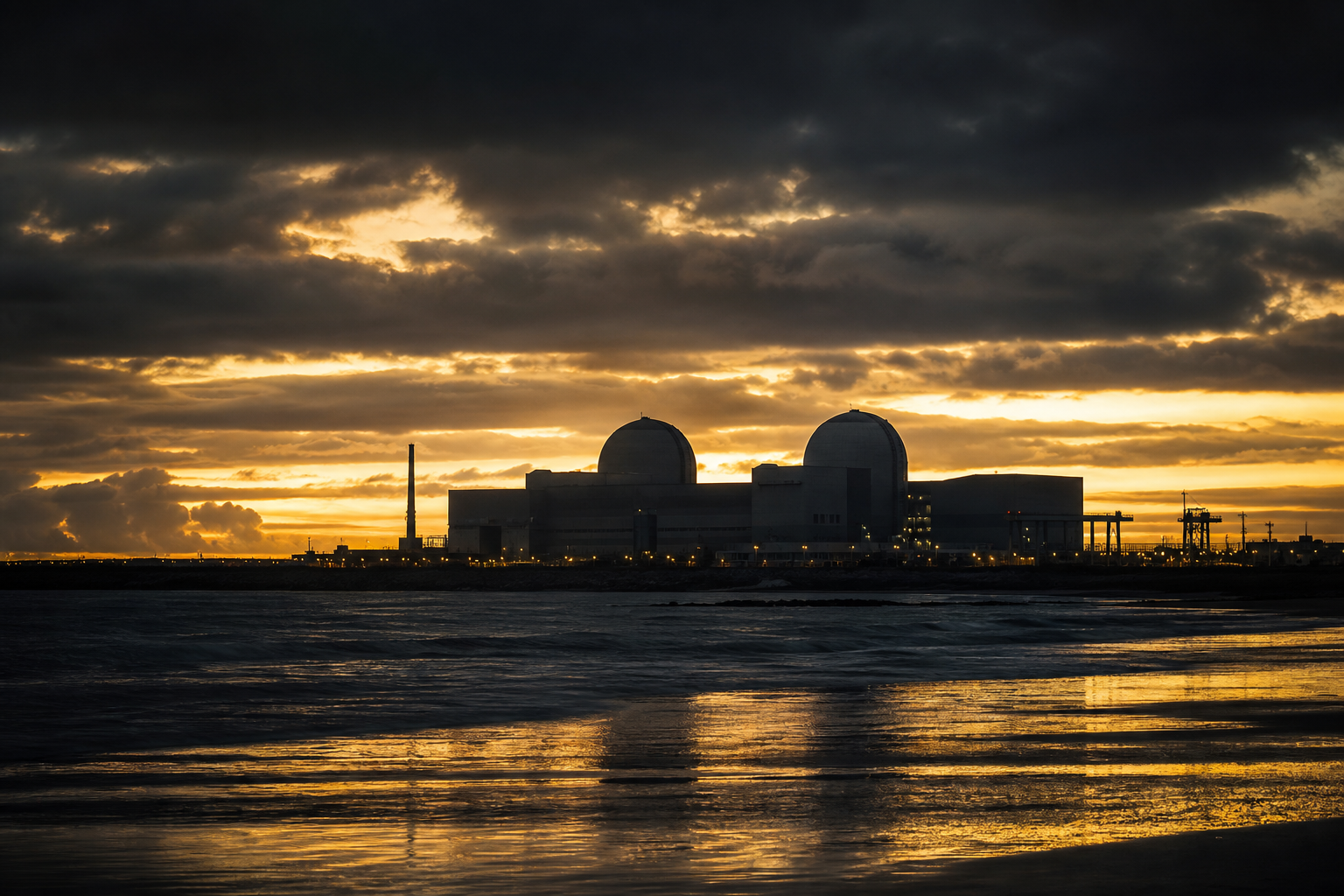 Moody twilight silhouette of the Koeberg nuclear power plant with ocean foreground and dramatic clouds