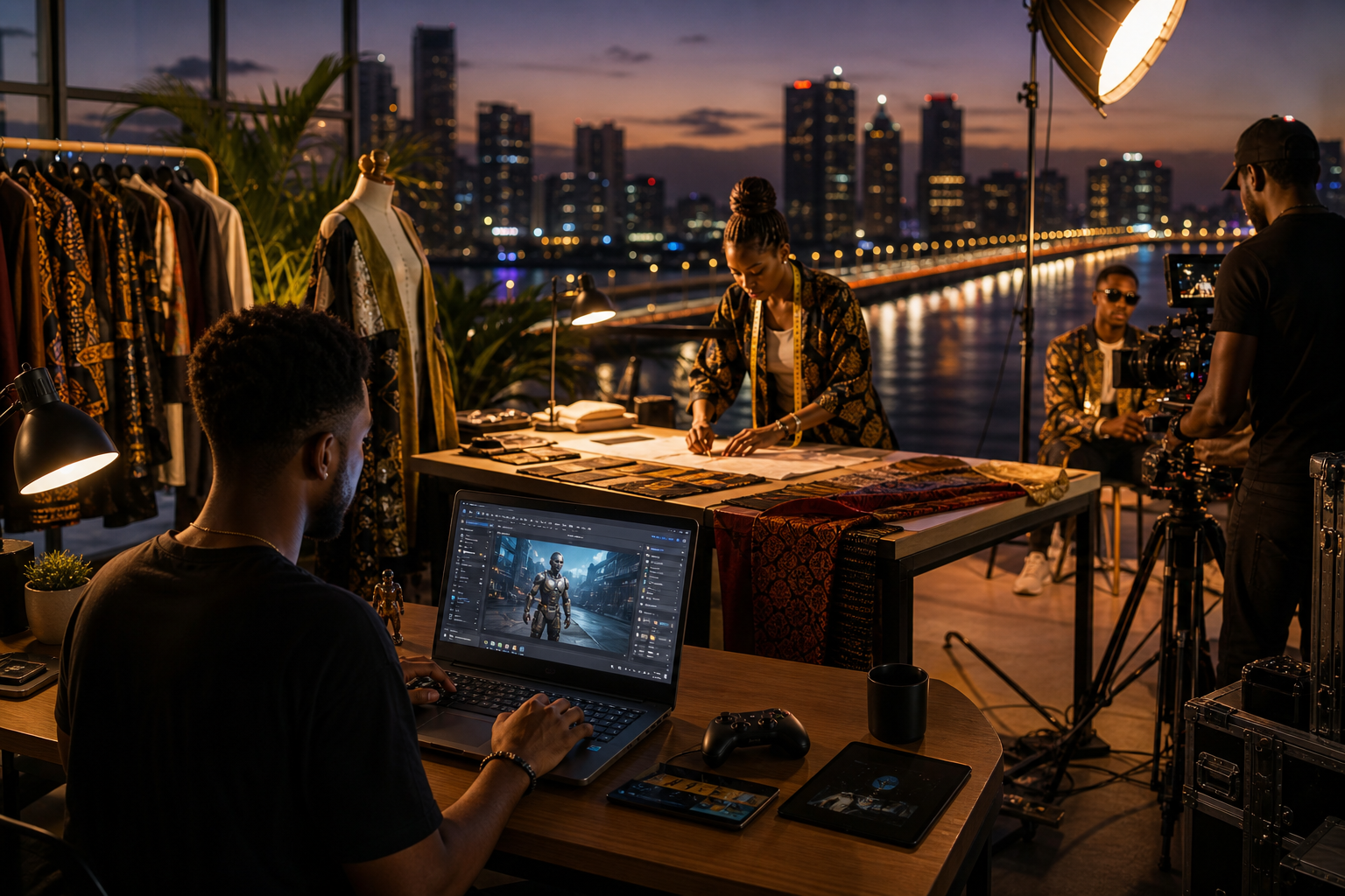 Vibrant evening Lagos creative scene blending a young game developer at a laptop, fashion worktables, a filmmaker setup, and glowing city energy