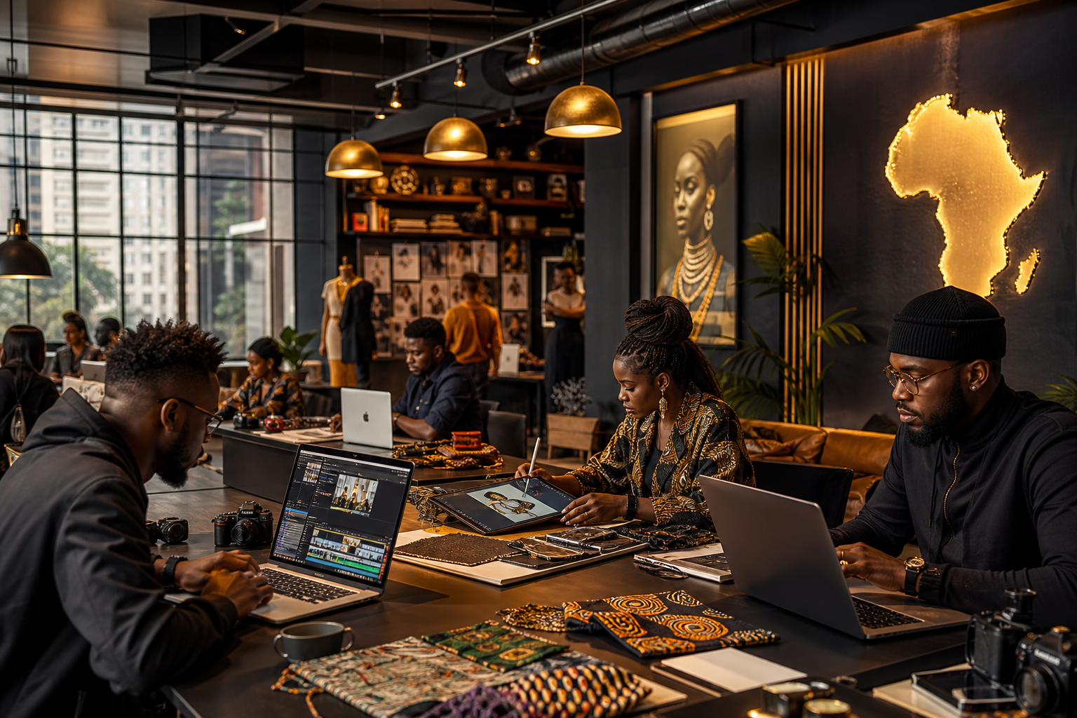 Wide view of a Lagos creative hub where fashion designers, video editors, and digital artists collaborate around shared tables