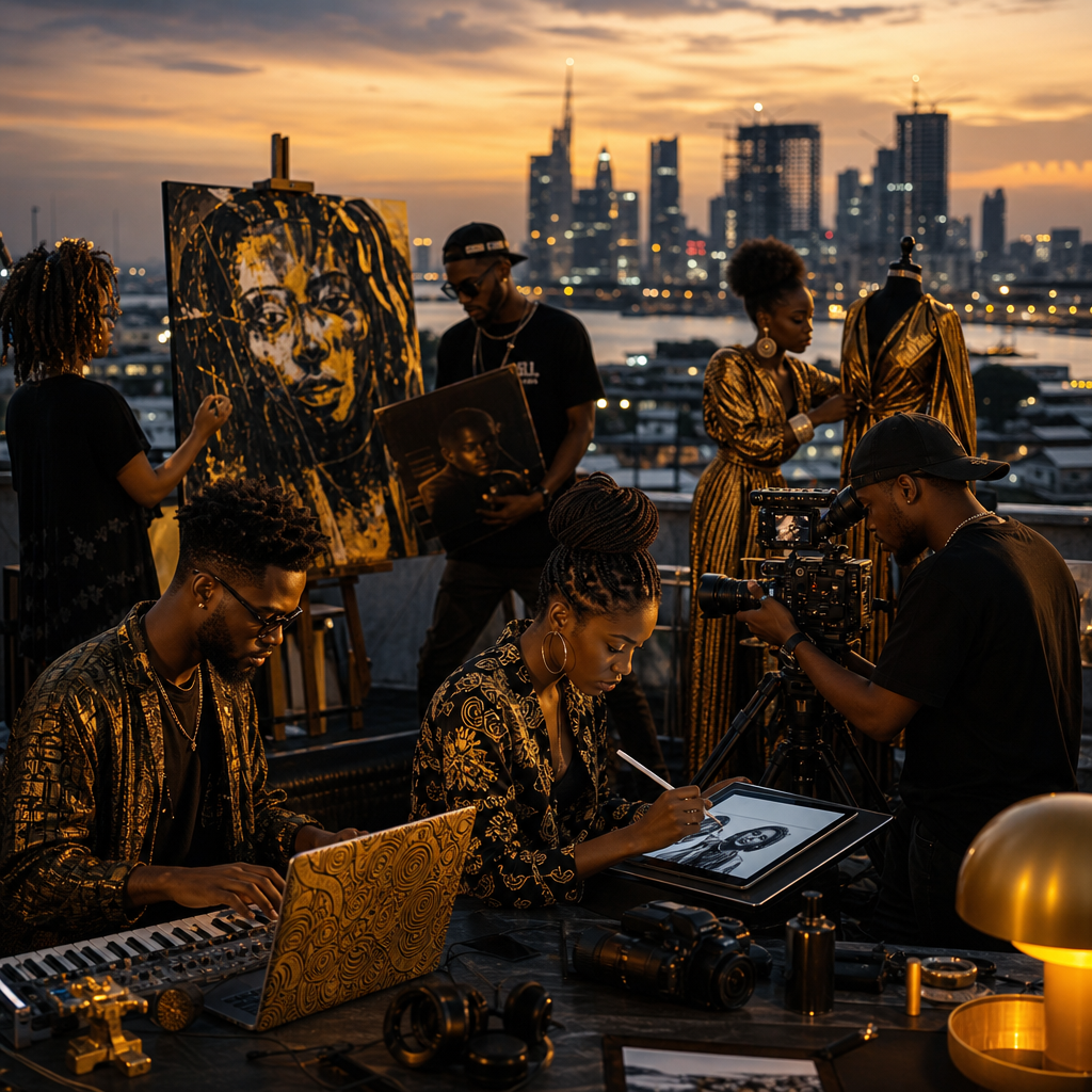 Vibrant Lagos creative scene at dusk with glowing city lights, young creatives collaborating across music, fashion, film, and digital art