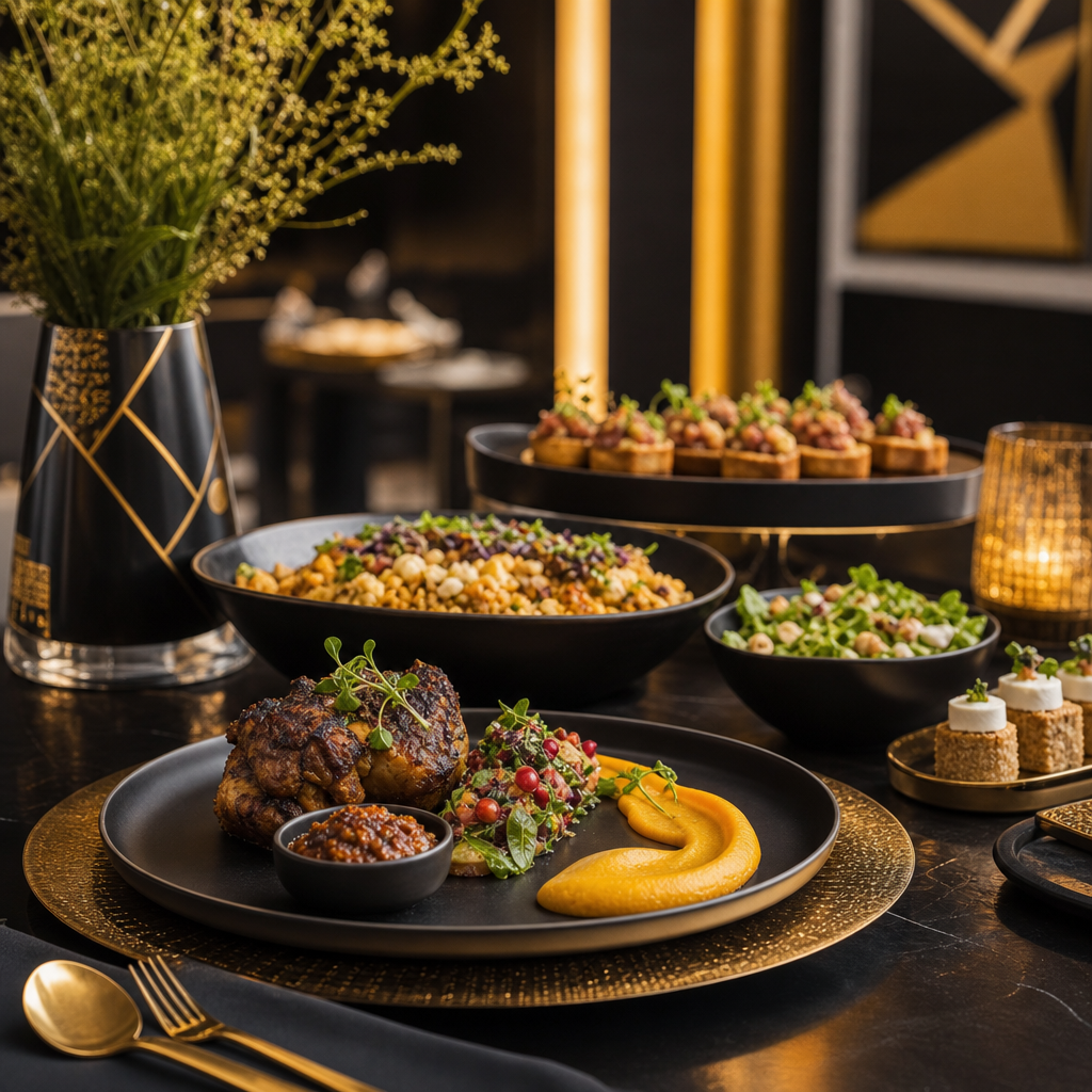 Elegant catering spread with refined plated dishes, gold-toned cutlery, and a softly lit modern event table setting.