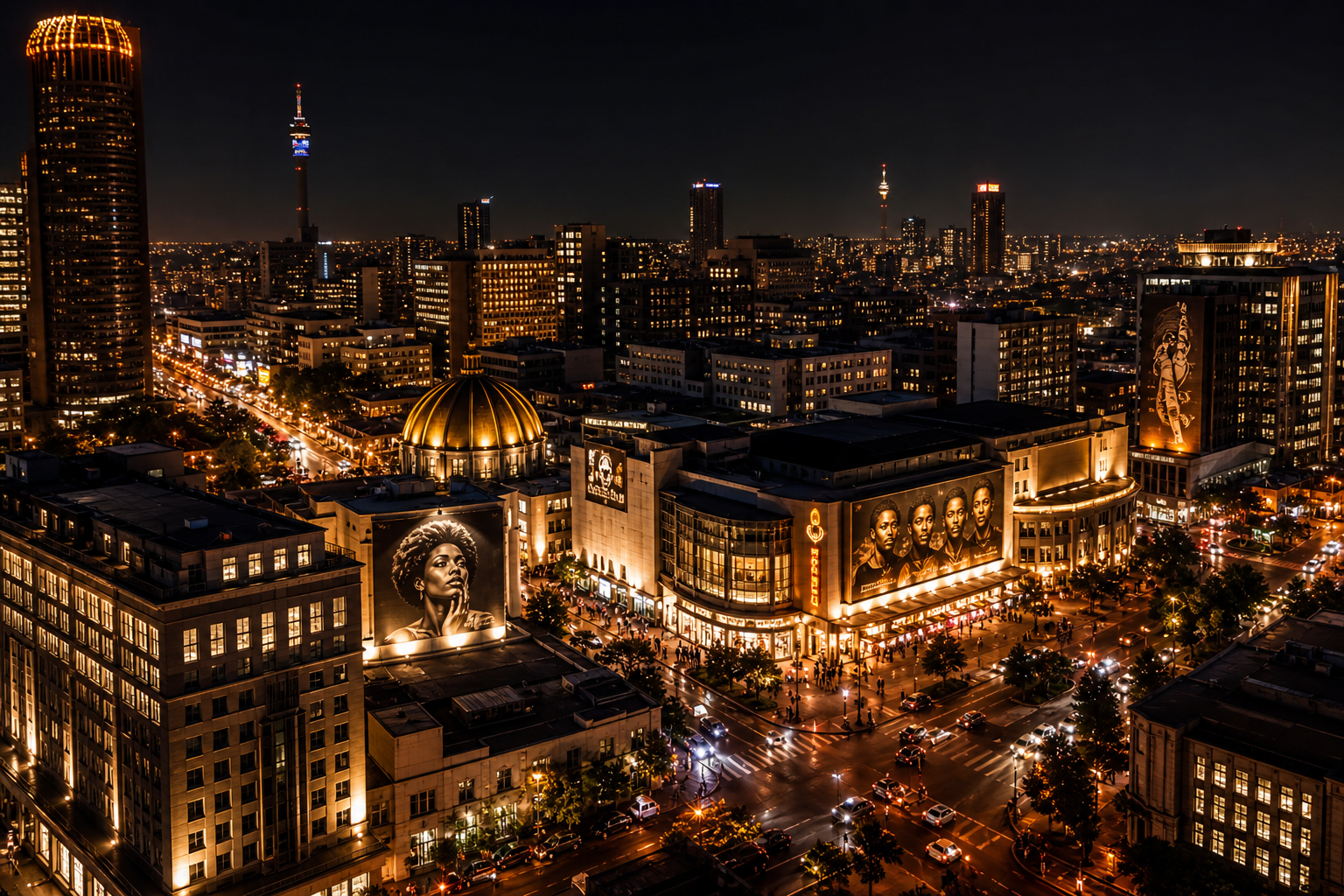 Nighttime aerial view of downtown Johannesburg with glowing cinemas and city lights