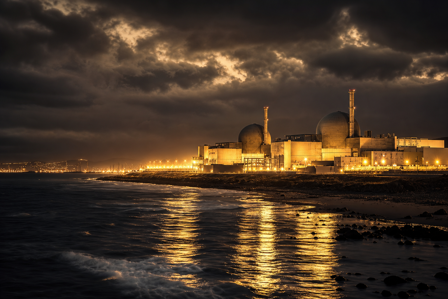 Dramatic night-time view of South Africa's Koeberg nuclear power station with golden industrial lights and a stormy ocean horizon