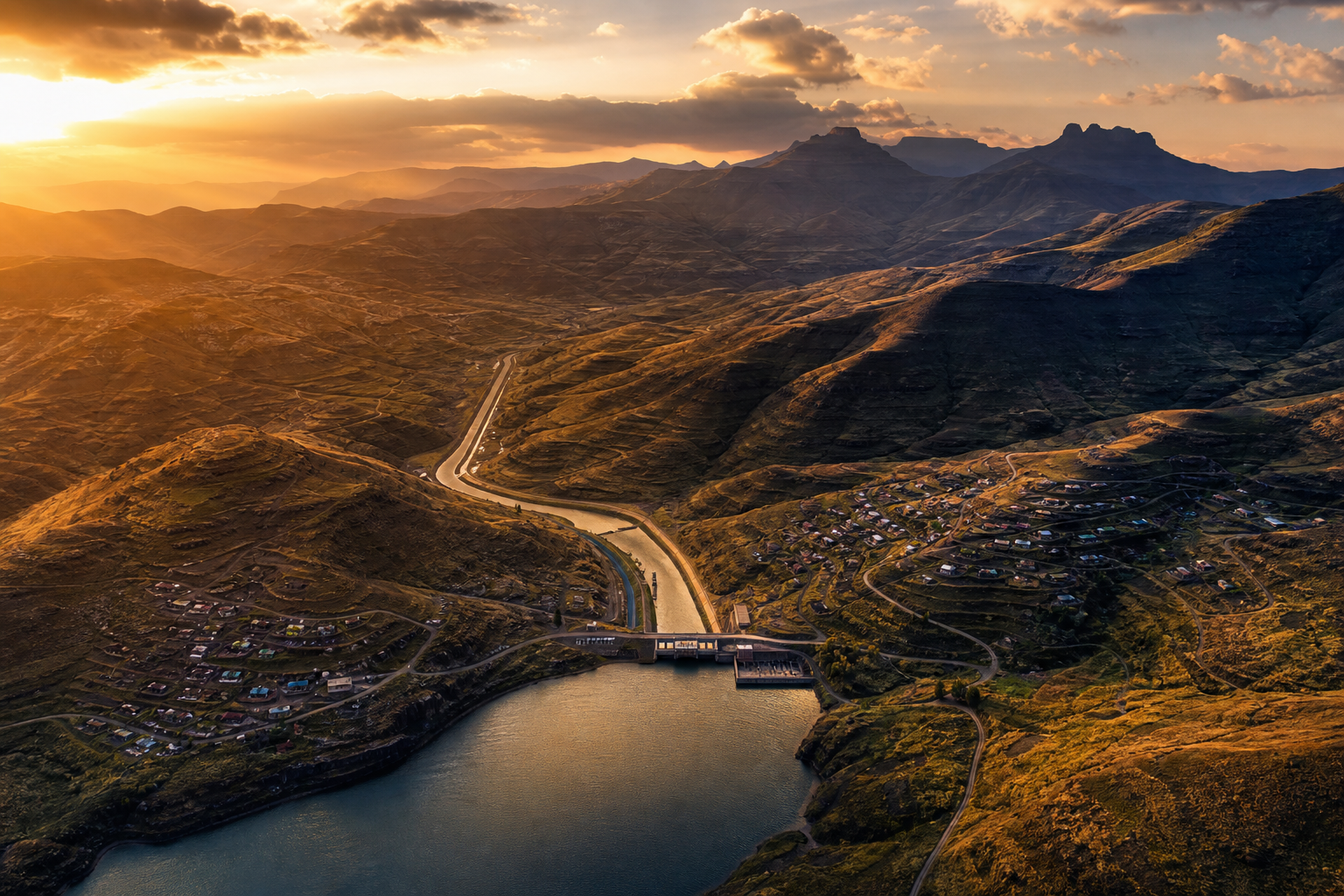 Cinematic view of Lesothos highland mountains with sweeping ridgelines, a glinting water reservoir, and small mountain communities in warm golden light