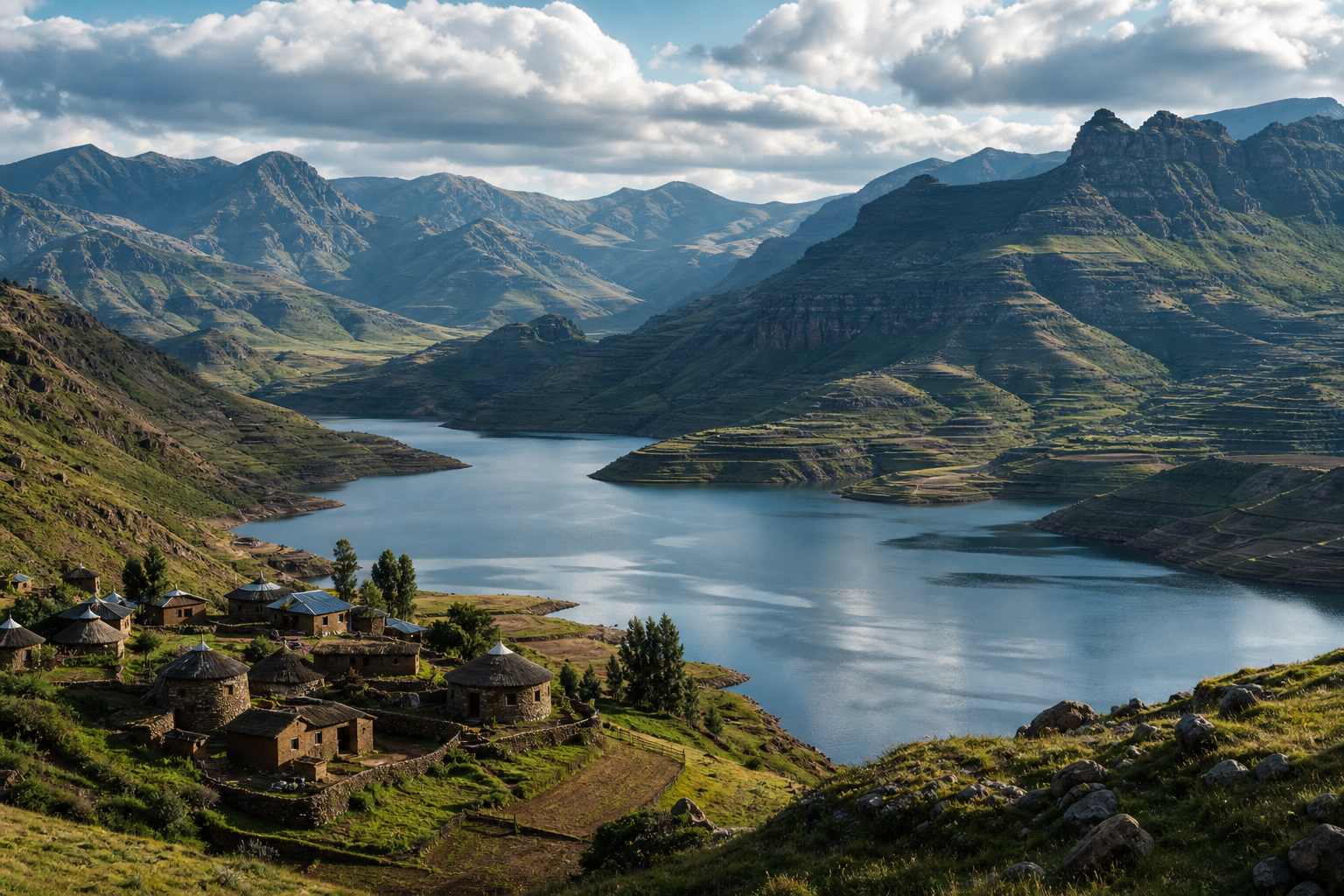Crisp daylight view of Lesotho’s highlands with a mountain reservoir, terraced slopes, and a small village nestled below the peaks