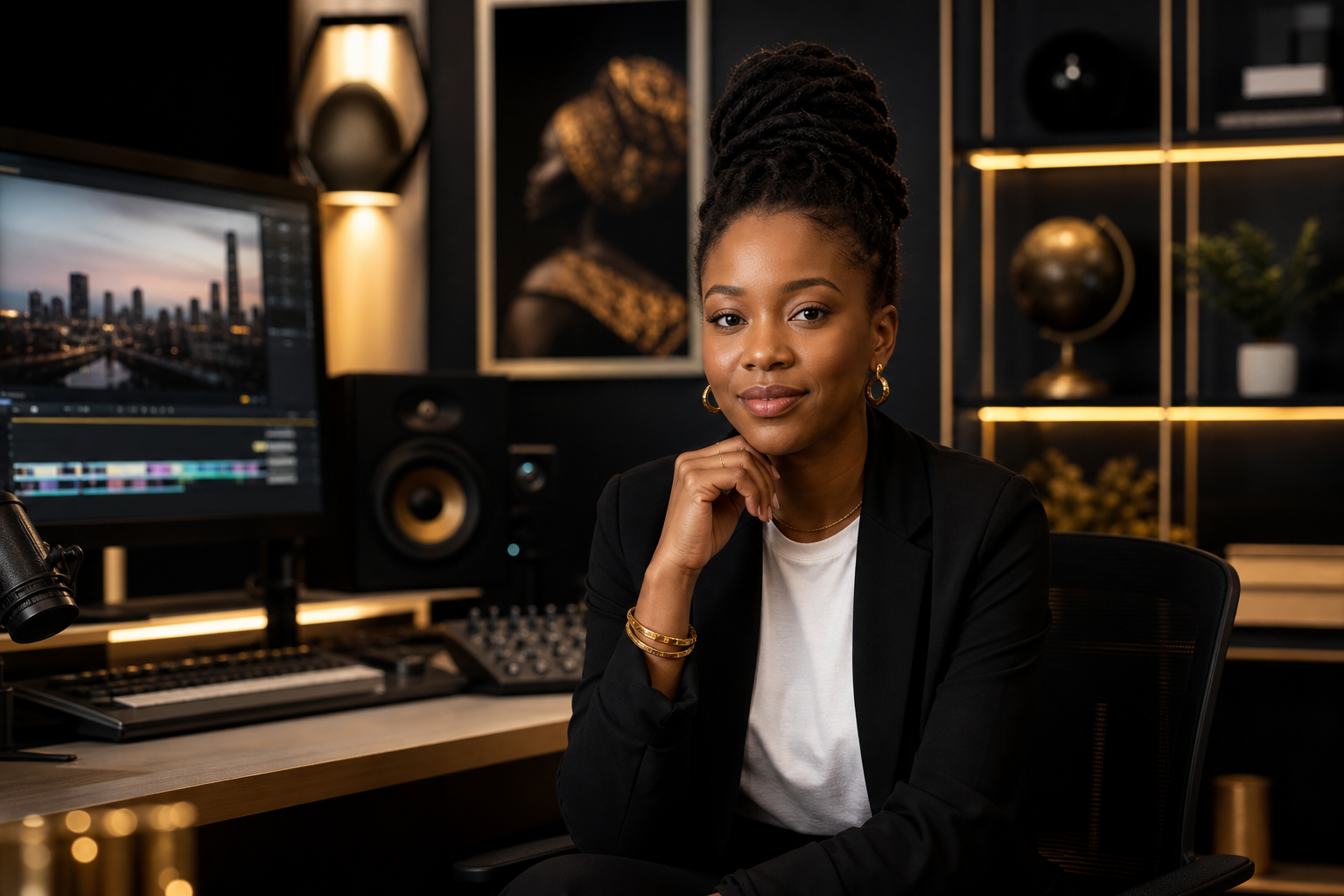 Cinematic editorial portrait of a South African media creative in a modern studio, warm gold accents and soft studio lighting