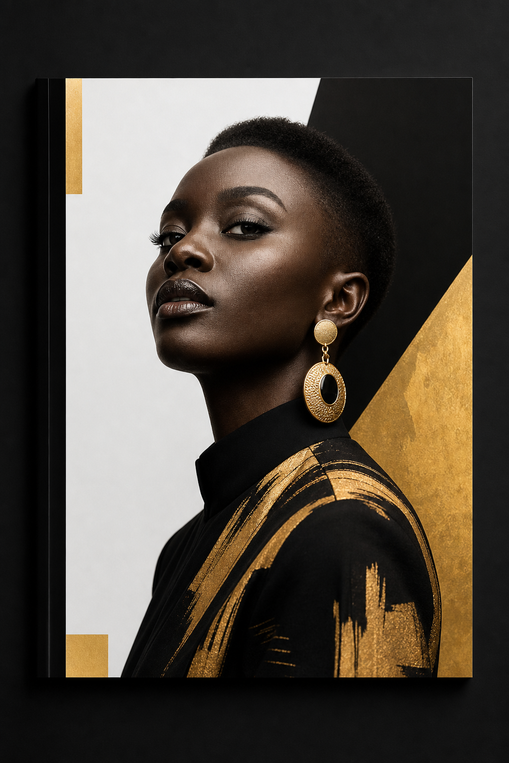 Luxury magazine cover featuring modern African fashion in black and gold tones