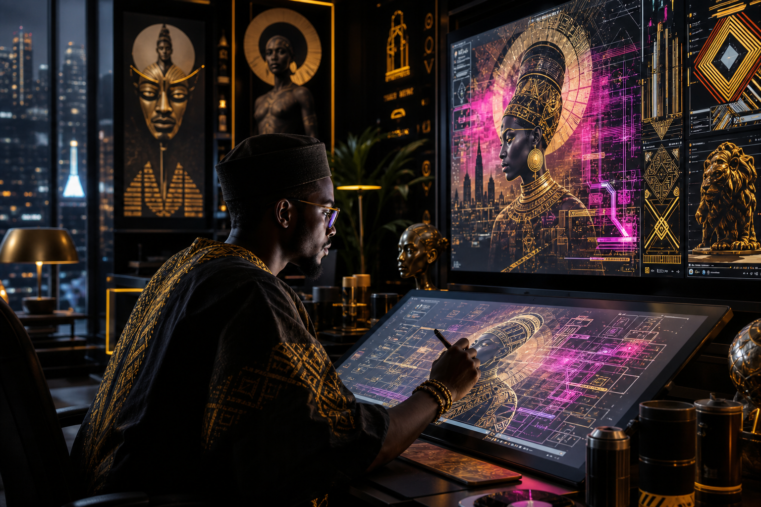 Cinematic digital art studio scene with a Senegalese artist creating neon cyberpunk artwork on large screens