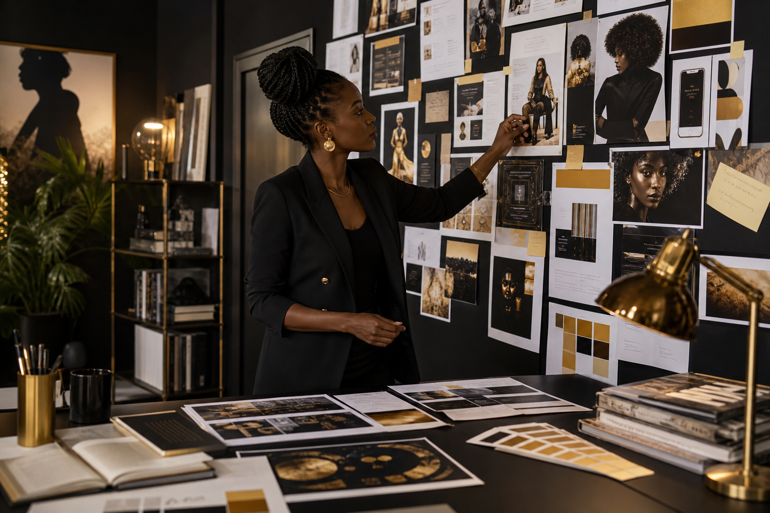 Strategist reviewing bold creative concepts, campaign moodboards, and visual notes in a cinematic African business-publication setting