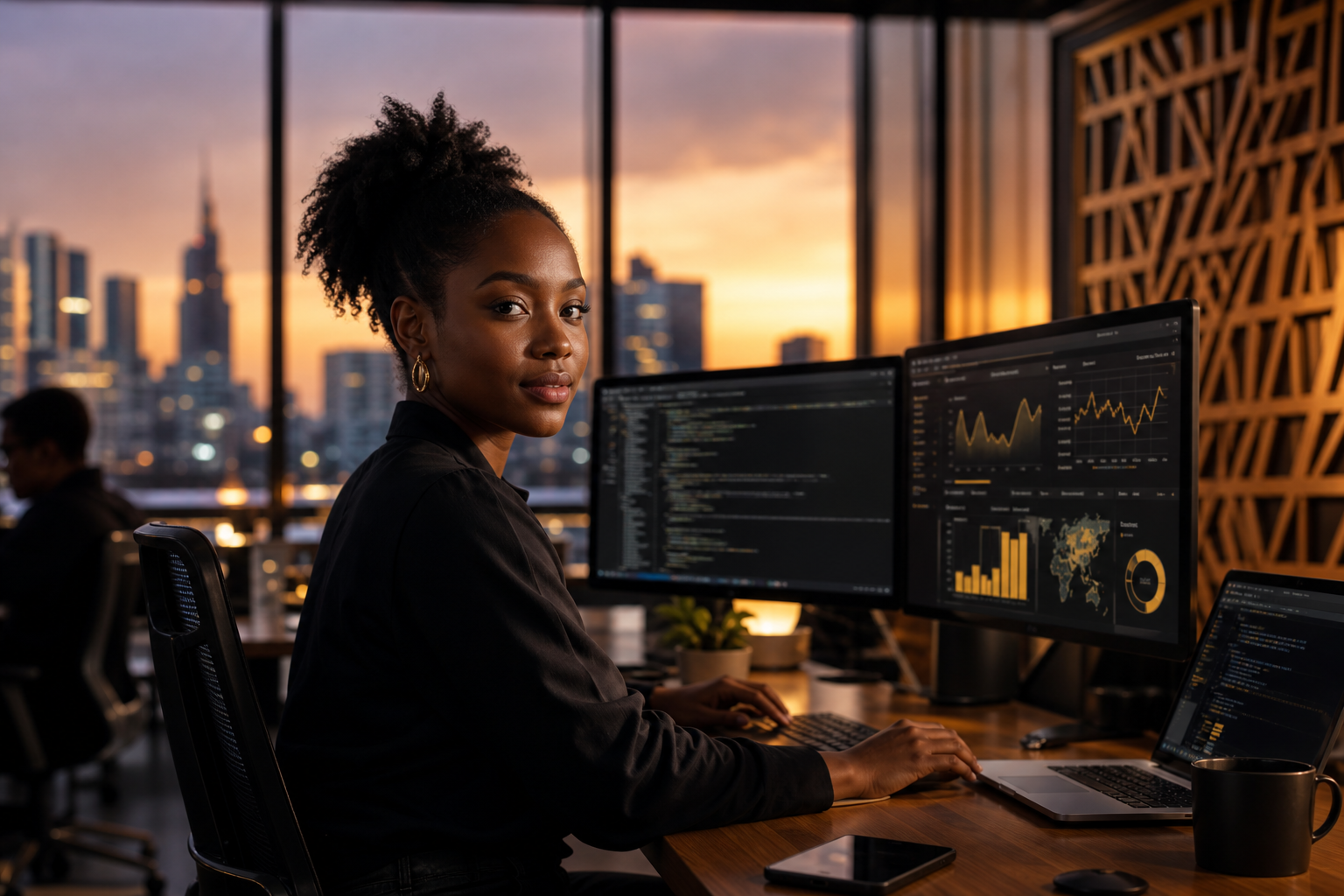 Young African woman developer in a Nairobi co-working space with city lights and modern screens