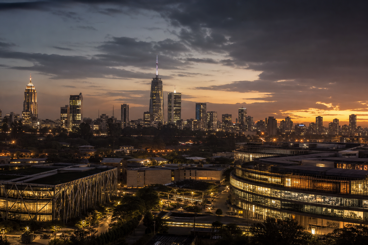 Nairobi skyline with modern innovation hubs at dusk