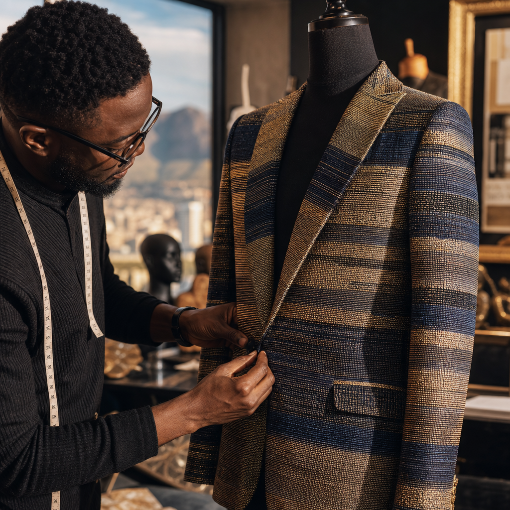 Designer in a Cape Town studio fitting a hand-woven Aso-oke blazer with metallic thread, warm afternoon light and refined editorial styling