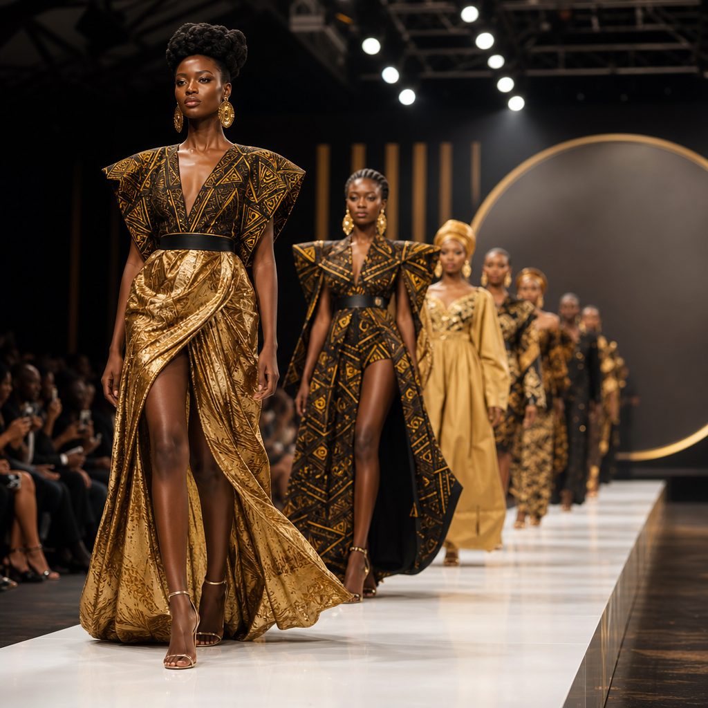High-fashion runway scene featuring models in modern African luxury garments with hand-dyed textiles and structured silhouettes, cinematic lighting