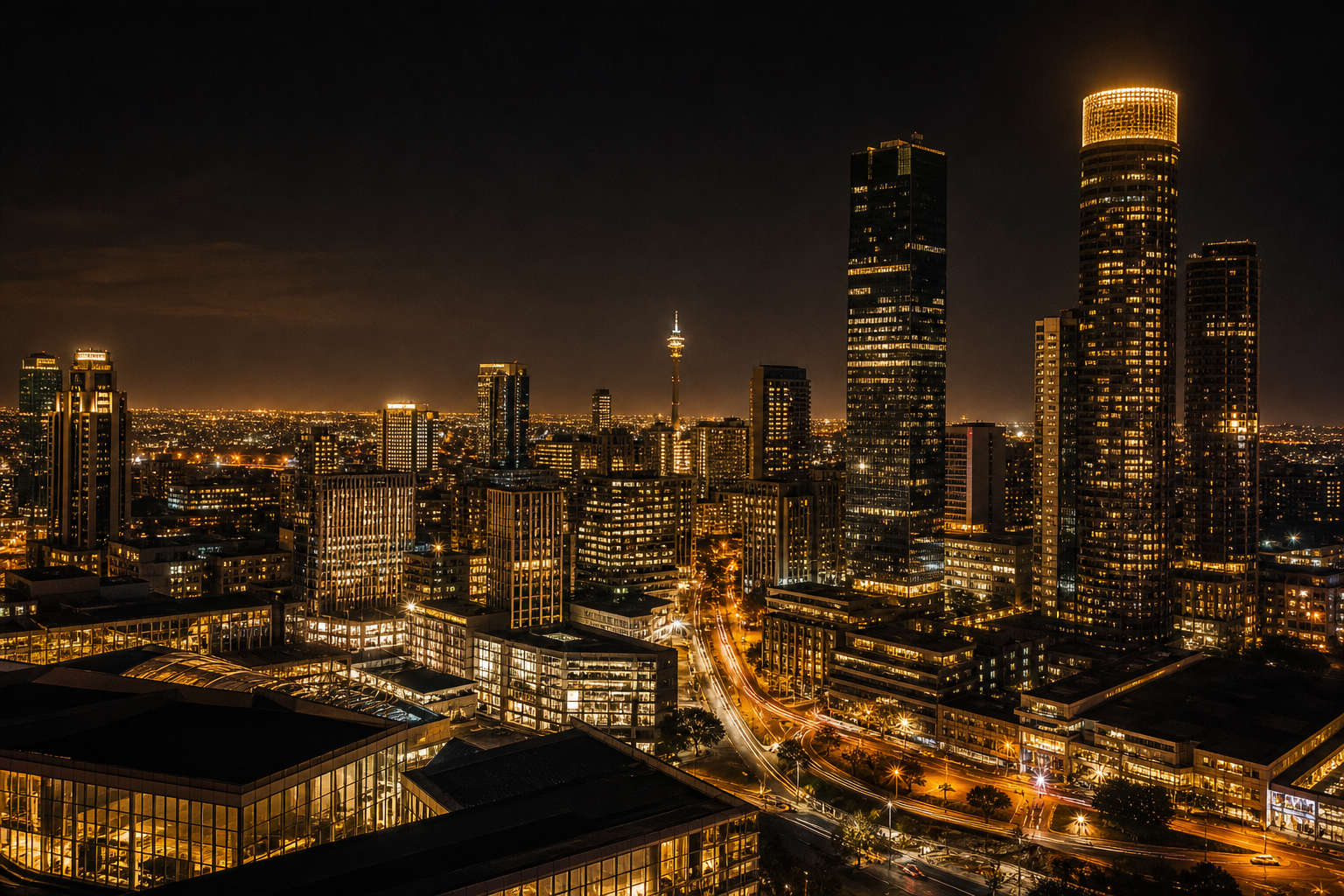 Nighttime skyline of Johannesburg with golden city lights reflecting on modern glass towers