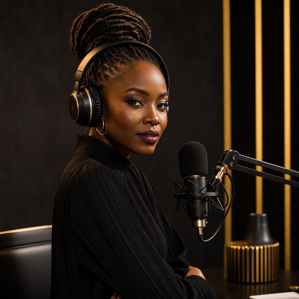 Stylized studio portrait of a Black woman podcast host with headphones against a dark backdrop