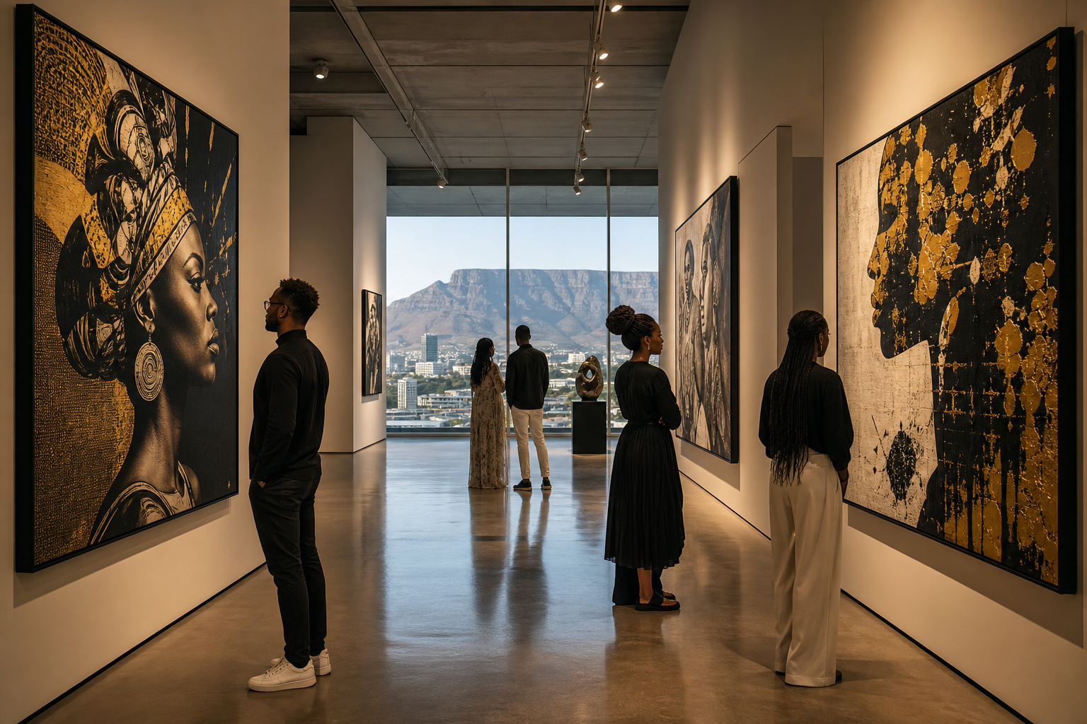 Editorial photograph of a contemporary art gallery in Cape Town with visitors viewing large-scale African artwork