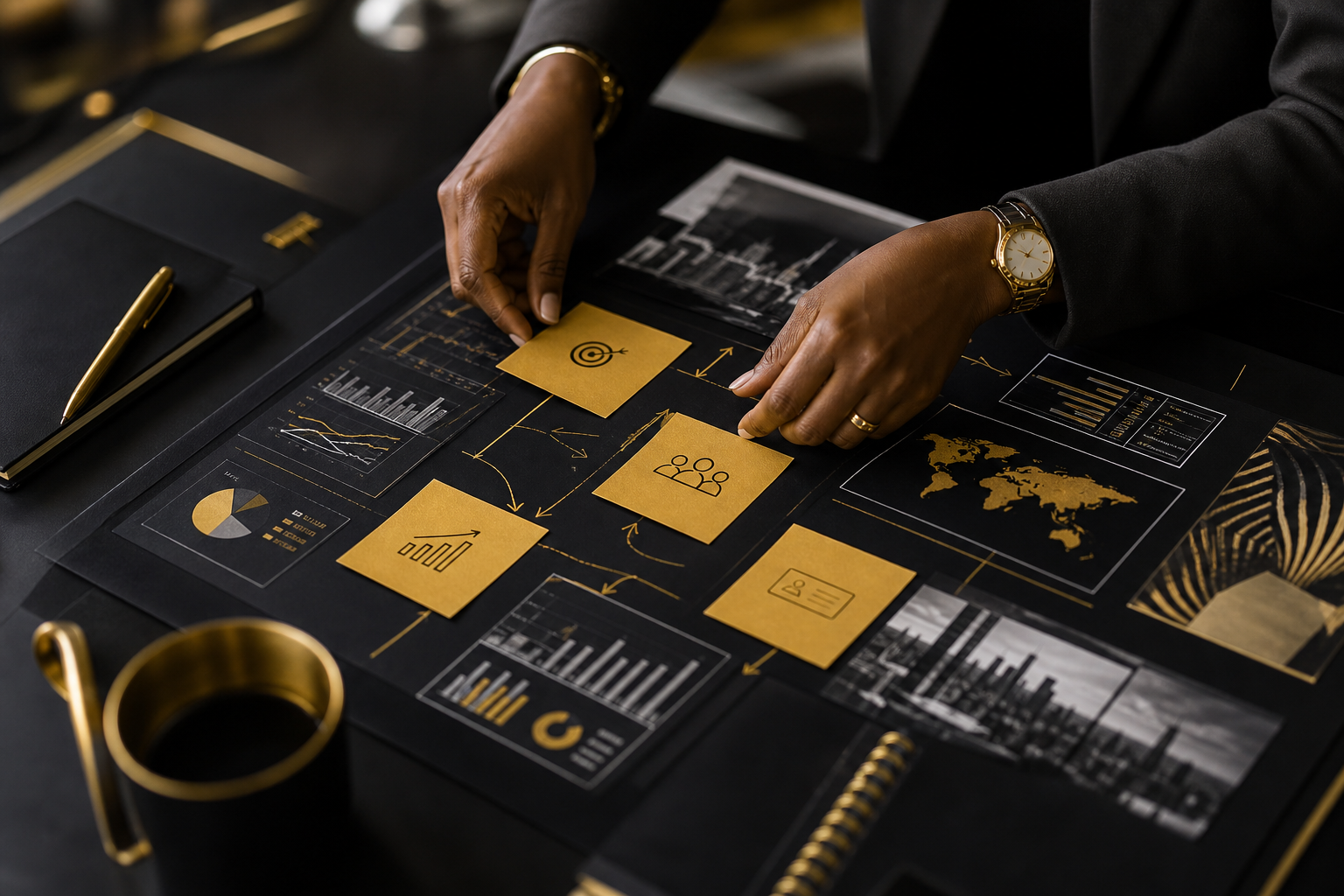 Close-up of hands working on a digital strategy board with gold sticky notes and analytics charts