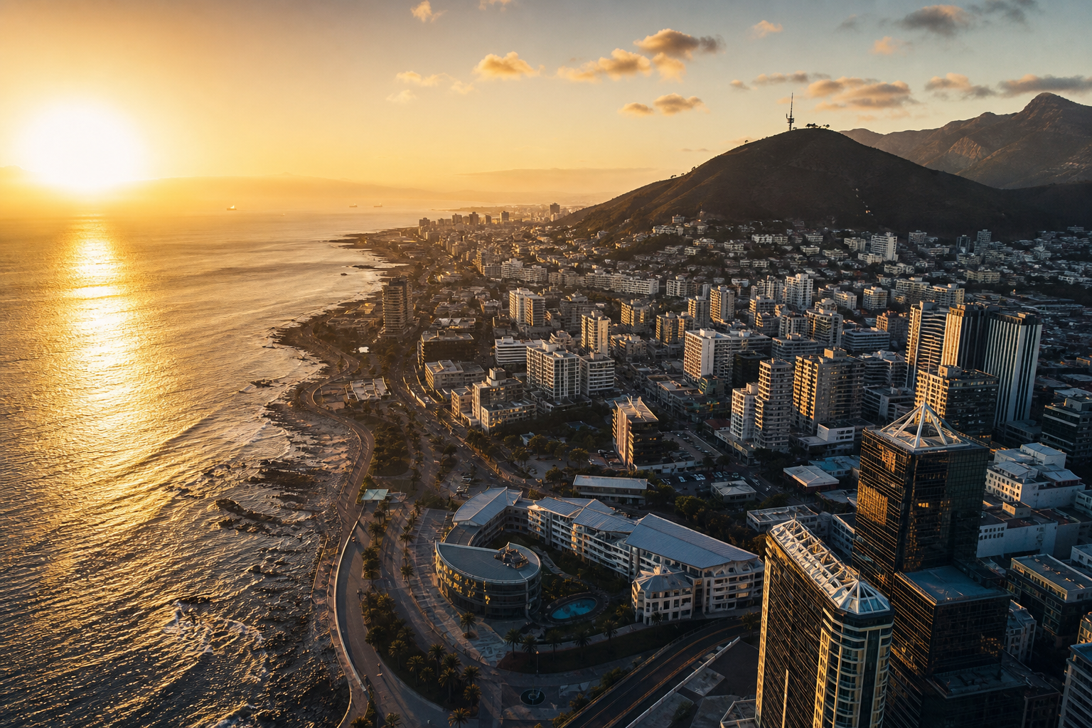 Cinematic aerial shot of a coastal African city at sunrise with warm gold light