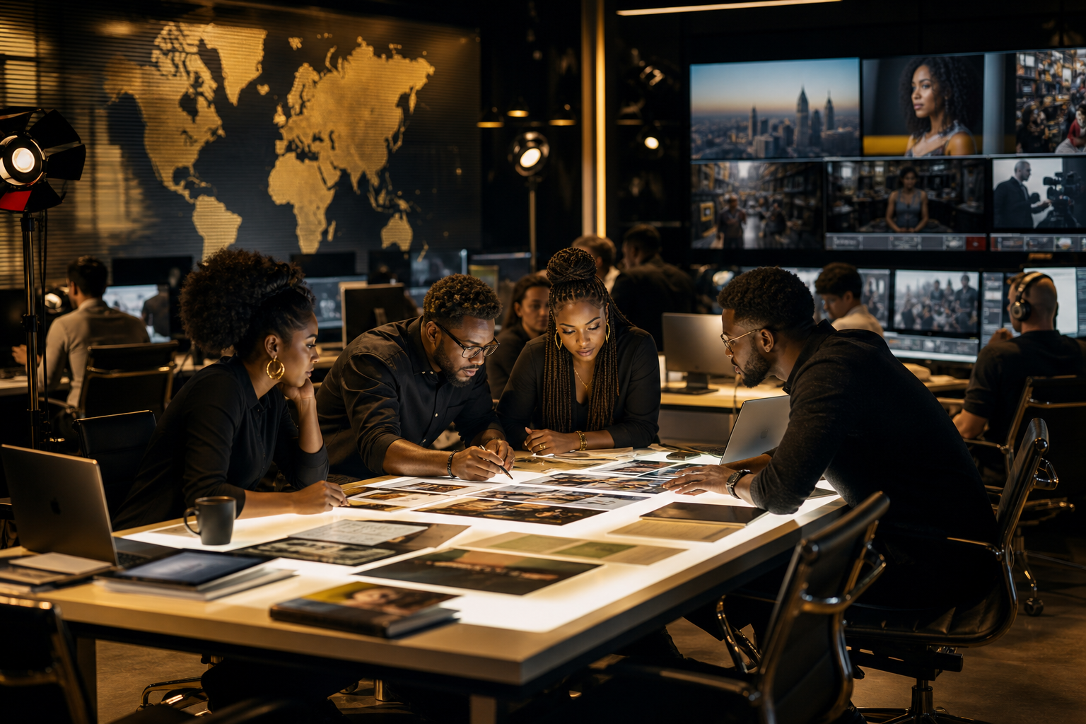 Editorial photo of a newsroom with journalists collaborating around a large glowing table