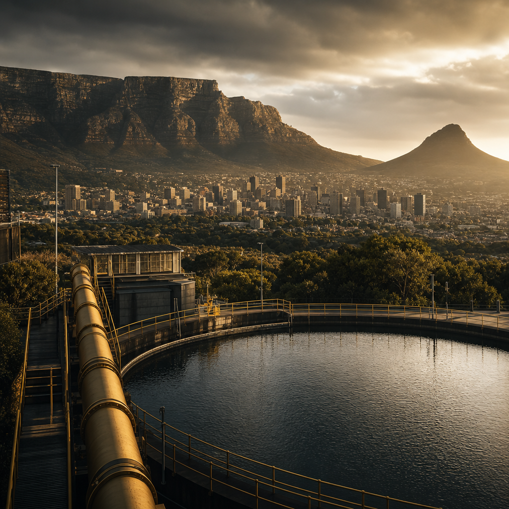 Cinematic view of Cape Town water infrastructure at dusk with a reservoir, pipelines, and the city lights under a dramatic sky