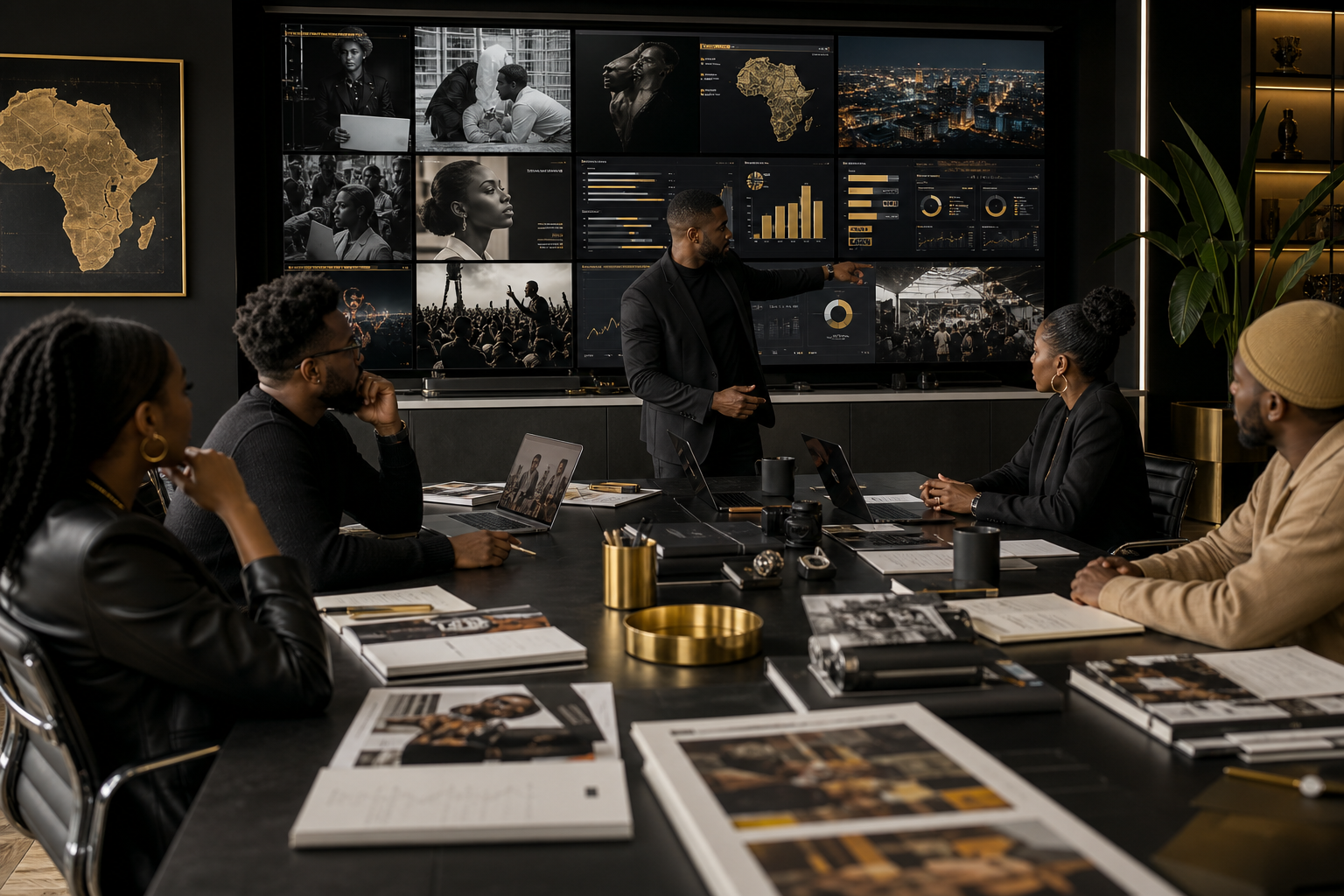 Wide cinematic view of a pan-African media production planning meeting with editors, strategists, and creators reviewing campaign visuals across multiple screens