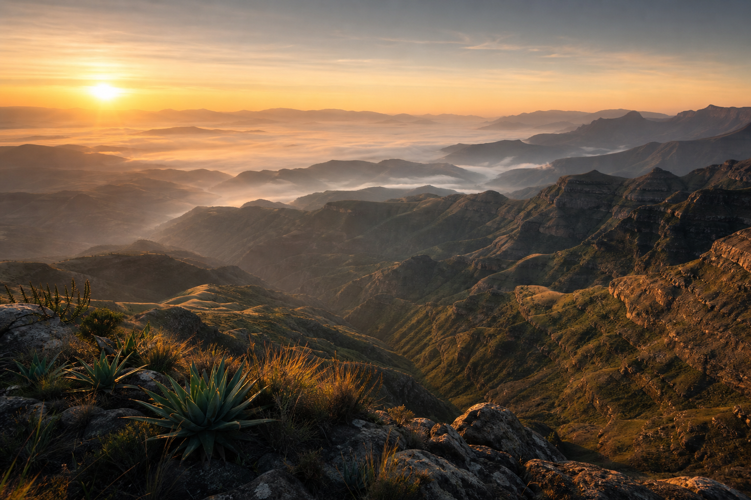 Cinematic panoramic view of Lesotho’s highland mountains at sunrise