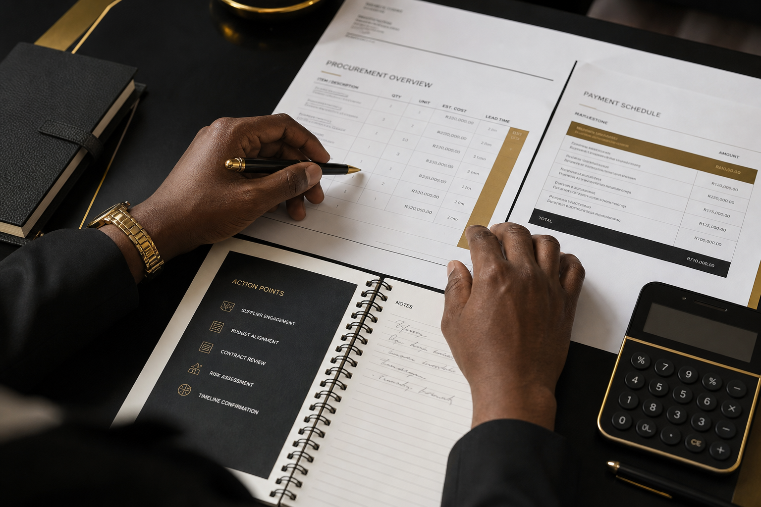 Close-up planning table with procurement forms, payment schedule notes, calculator, and hands reviewing supplier terms