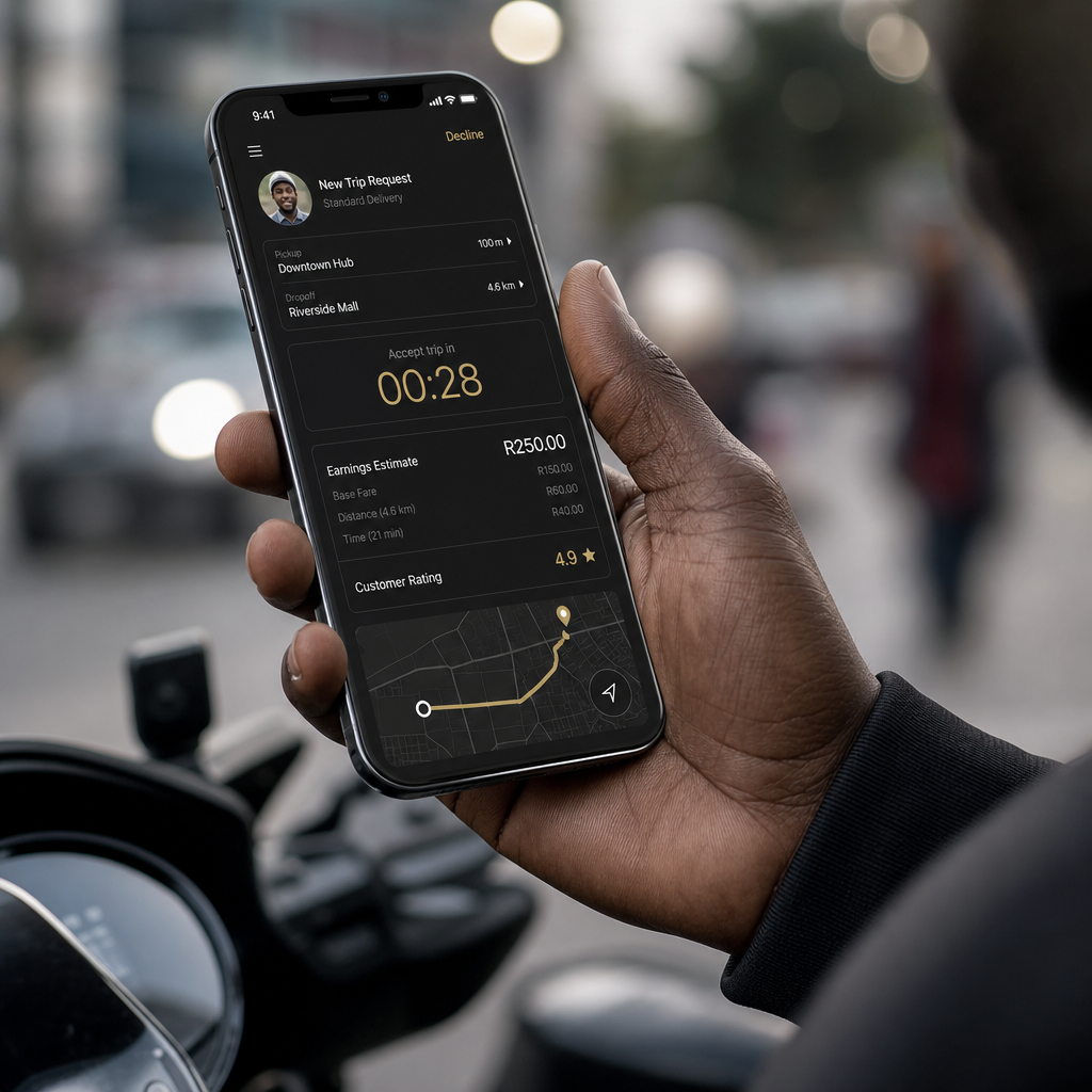 Close-up of a smartphone service-app interface showing job acceptance timers, customer ratings, route details, and pay breakdown fields