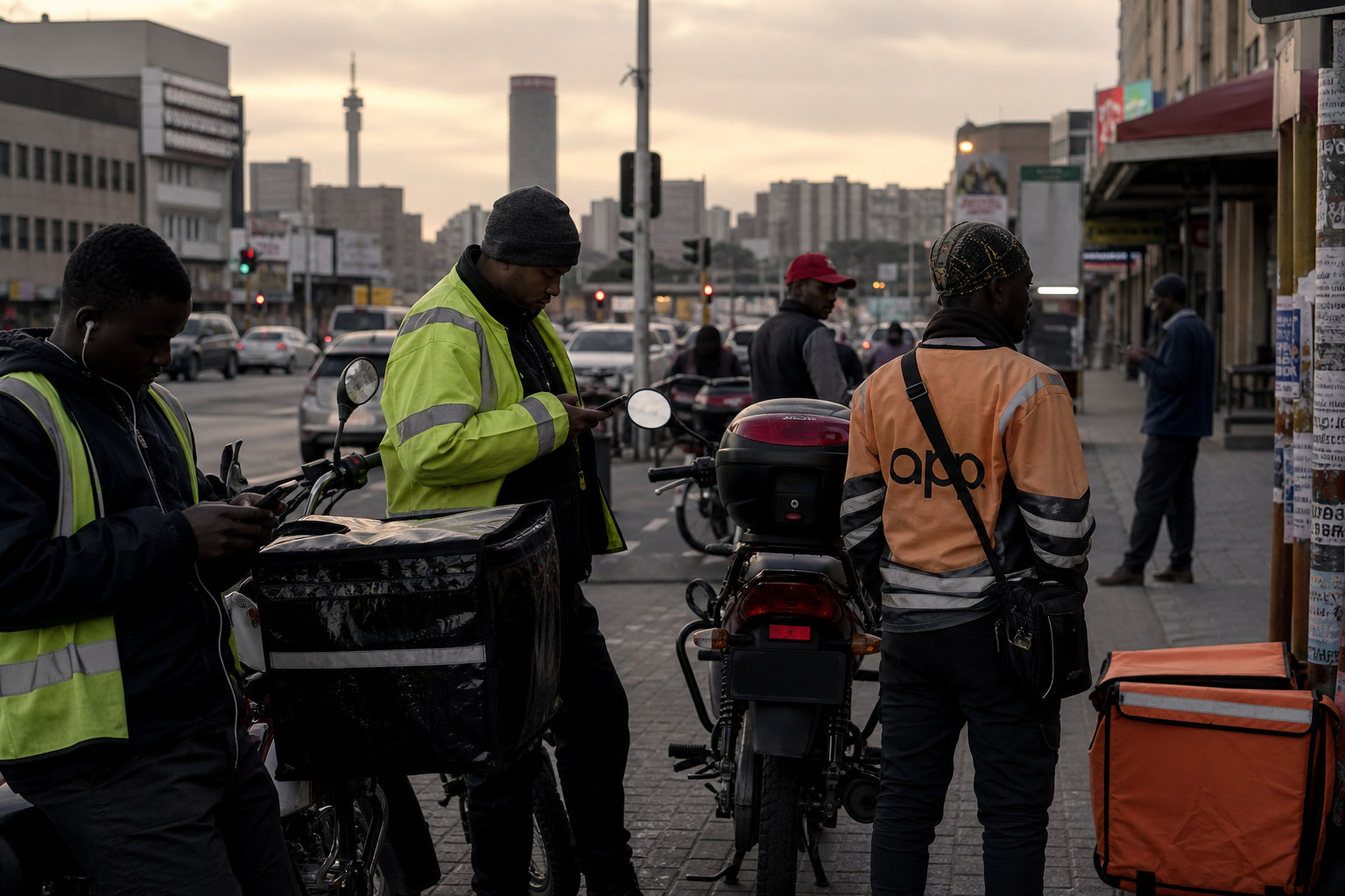Early-morning service workers waiting beside delivery scooters and backpacks on an urban Johannesburg street, showing the human reality of platform-based labor