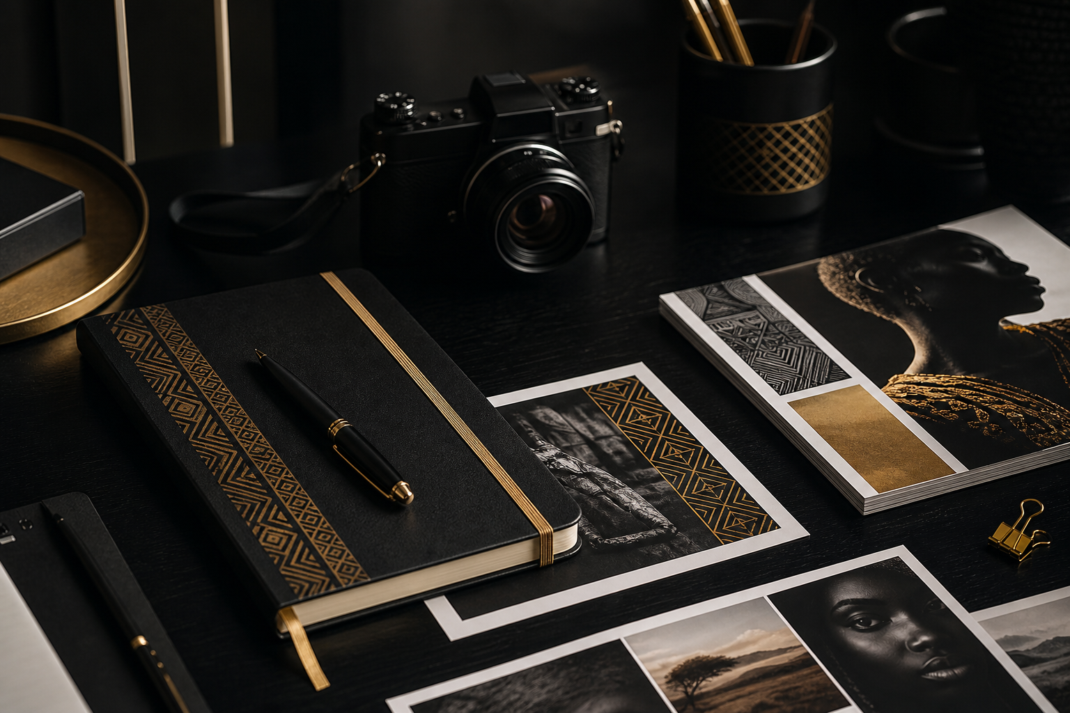 Editorial desk with a gold-accented notebook, camera, and marketing visuals reflecting premium African storytelling