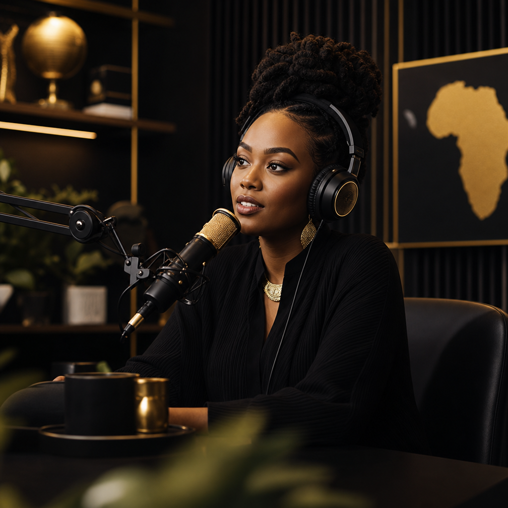Podcast studio with warm gold lighting and African host wearing headphones