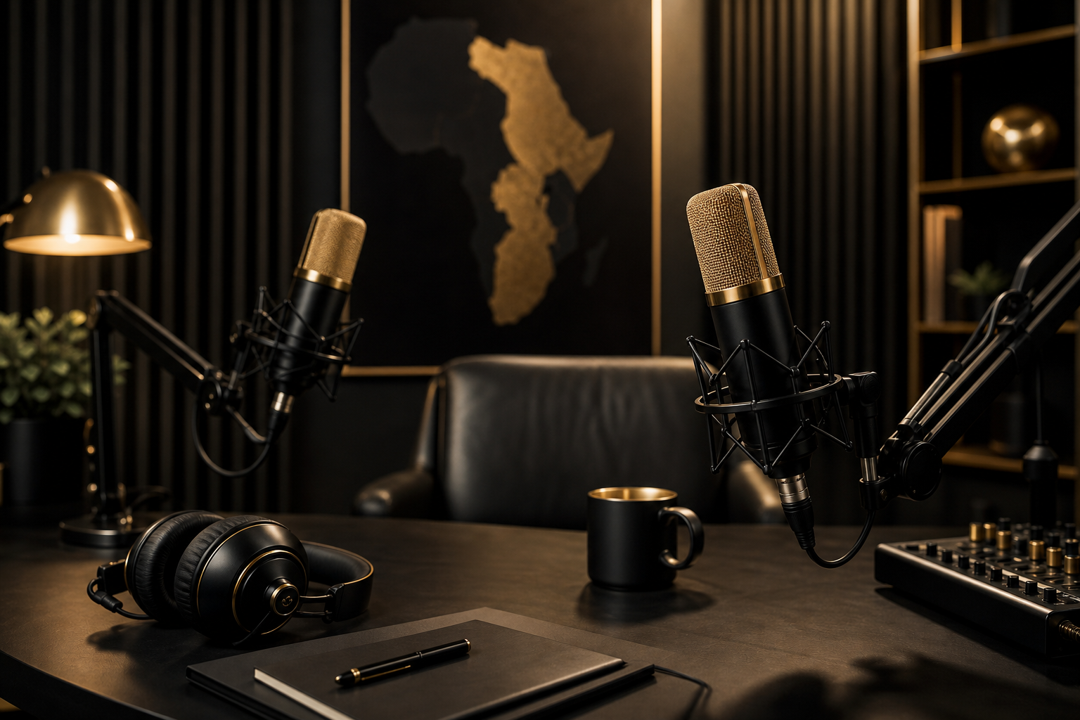 Modern podcast studio desk with gold-accented microphones and black acoustic panels