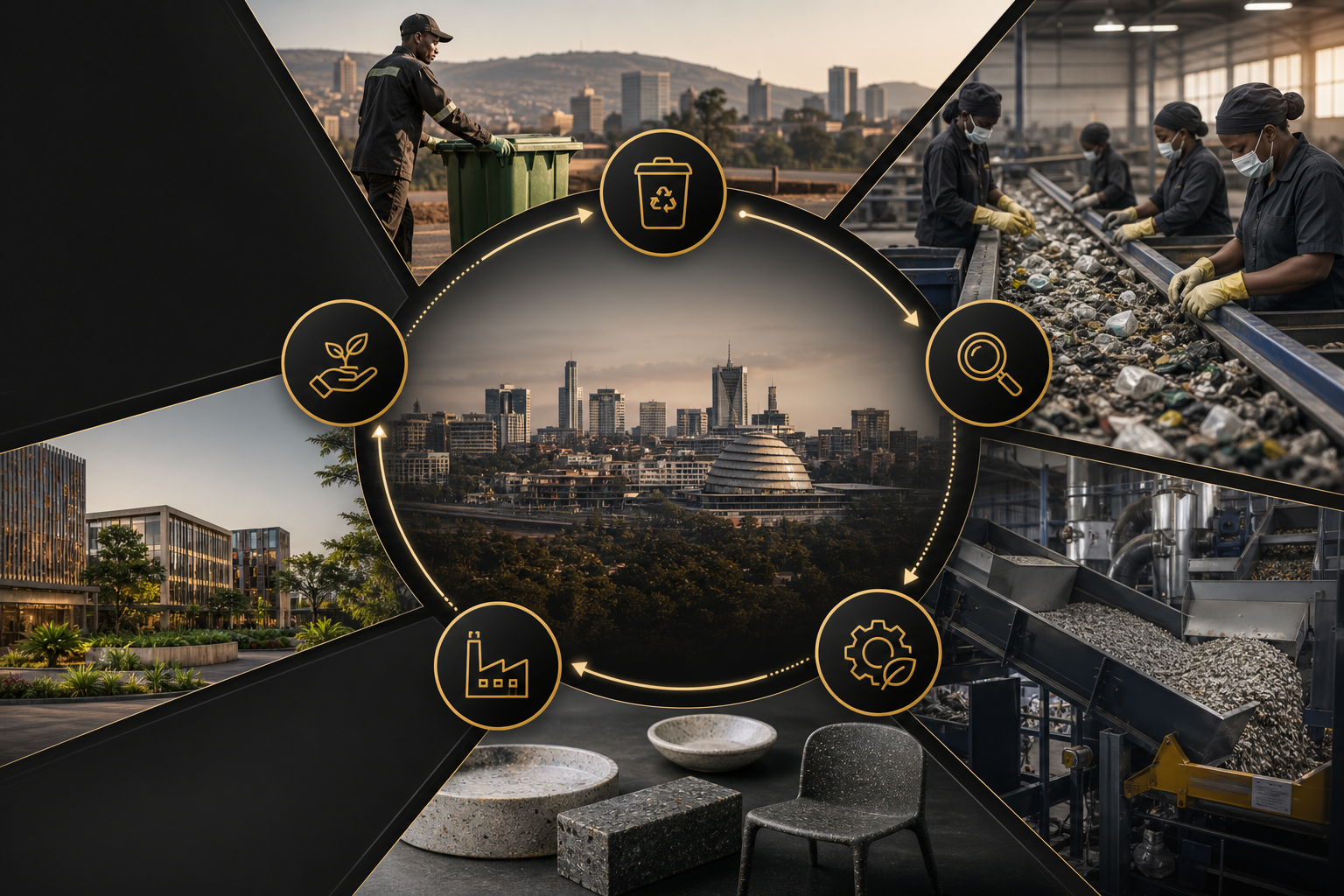 Editorial infographic showing Kigali’s circular economy loop from collection to processing, manufacturing, and reinvestment