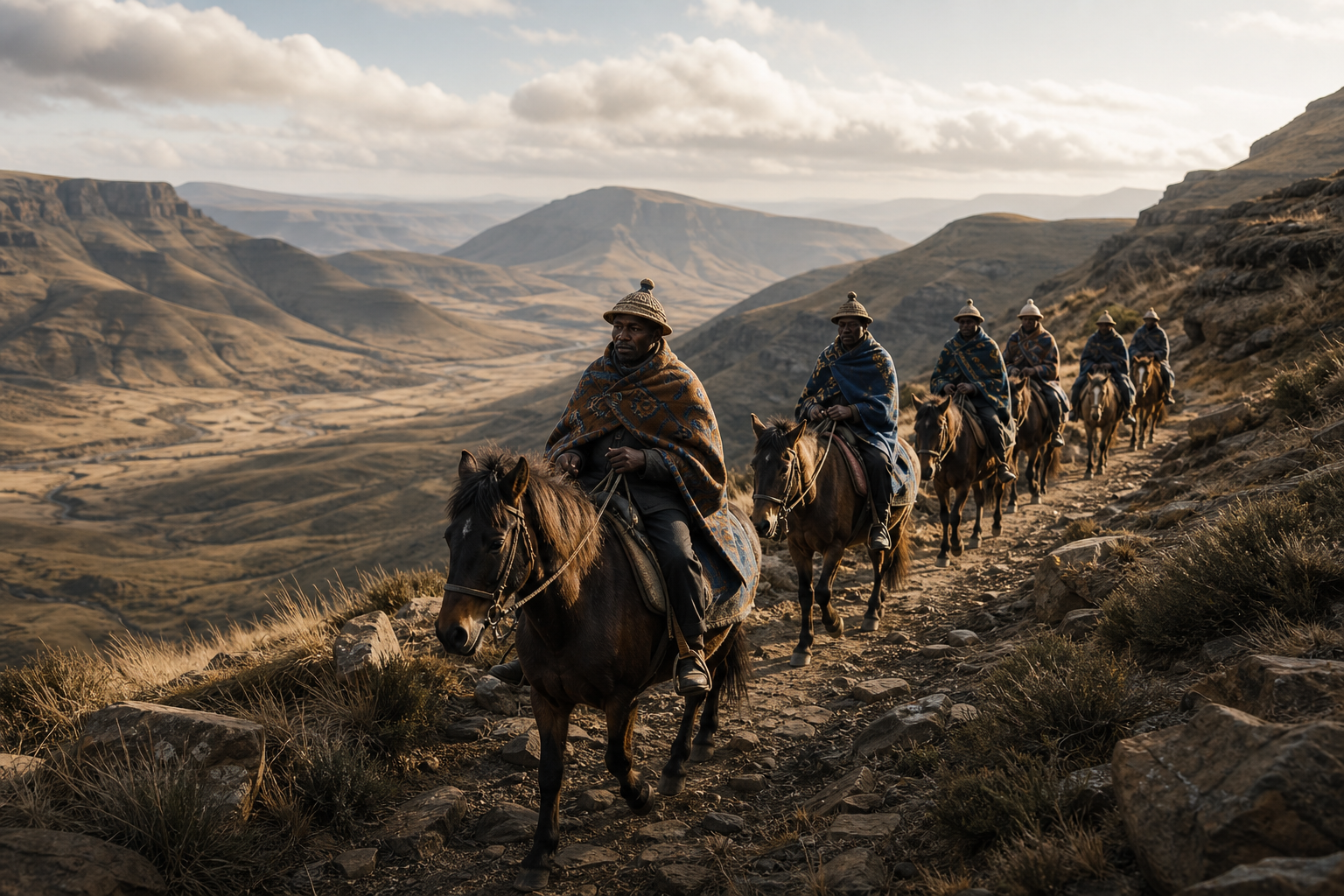 Basotho pony trek with riders moving through a mountain pass