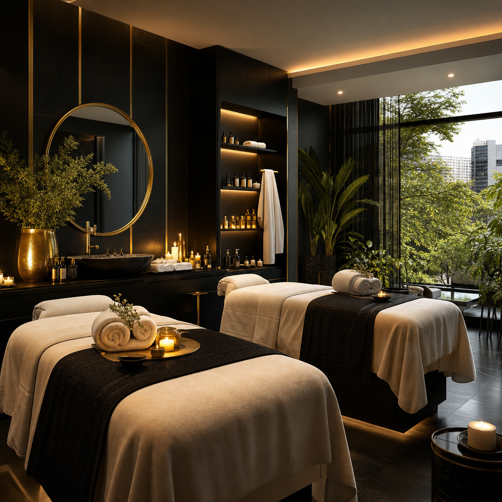 Luxurious Johannesburg day spa interior with warm candlelight, plush treatment beds, and gold-toned accents creating a calm wellness atmosphere.
