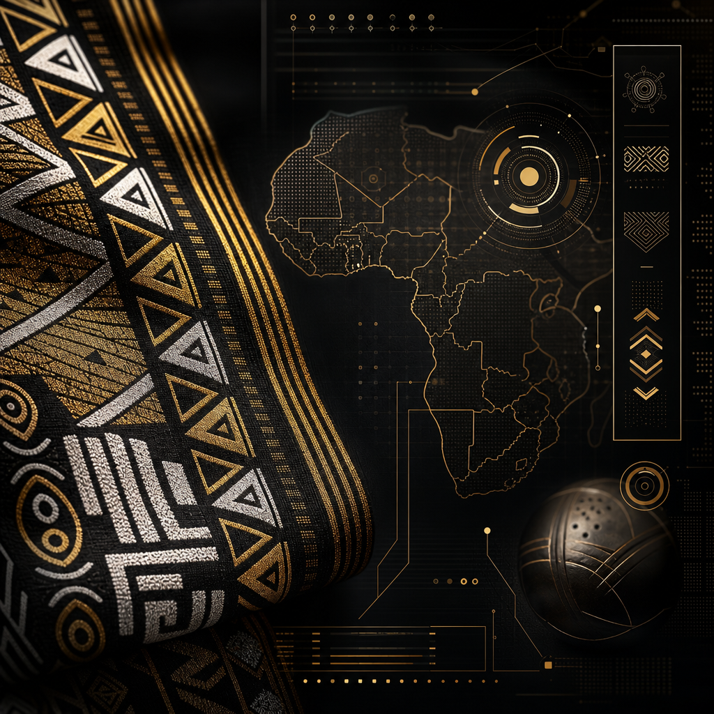 Traditional Senegalese textile motifs blended with futuristic interface graphics